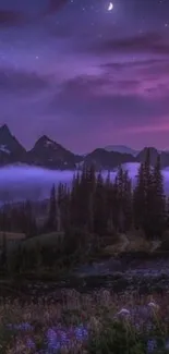 Purple night sky with mountains and wildflowers.