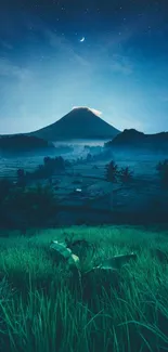 Night landscape with mountain silhouette under starry sky and crescent moon.