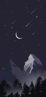 Night mountain wallpaper with crescent moon and stars.