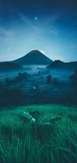 Serene night scene with a mountain and starry sky.