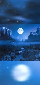 Serene night time mountain landscape with a full moon and river vista.