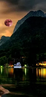 Serene night mountain view with glowing moon and tranquil lake.