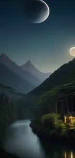 Serene mountain landscape with two moons and a river cabin at night.