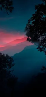 Night mountain scene with teal and pink tones and silhouetted trees.