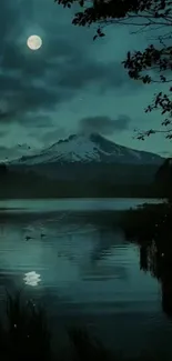 Moonlit mountain lake with dark teal sky and serene reflections.