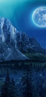 Night mountain scene with moonlight and forest.