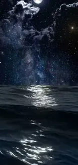 Serene night ocean with a starry sky and moonlit reflections on water.