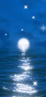 Serene night ocean scene with stars and moonlight reflection.