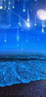 Serene night ocean with moon and stars in a tranquil seascape.