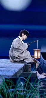 Tranquil night scene on a pier with a moonlit lake and traditional attire.