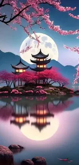 Moonlit pagoda with cherry blossoms reflected in a serene lake.