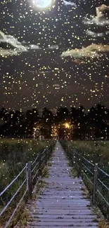 Serene wooden pathway under moonlit sky.