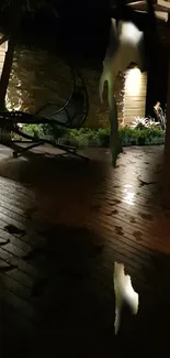 Serene night patio with wooden deck and soft lights.