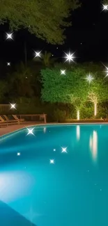 Serene poolside at night with ambient lighting and clear blue water.