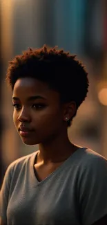 Portrait of a woman in the city at night with warm ambient lighting.