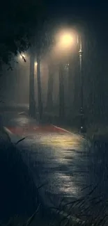 Misty nighttime pathway with glowing streetlights in the rain.