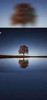 Lone tree reflected in a serene, starry night sky.