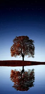 Lone tree and night sky reflecting on serene water.