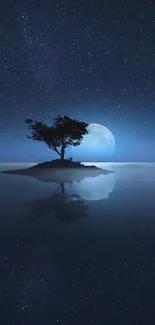 Silhouetted tree on moonlit island with starry night sky.