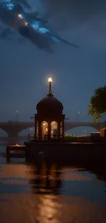 A peaceful night scene by the river with a gazebo and lamp post.