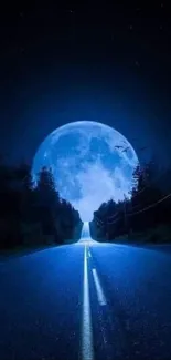 Serene road under a large blue moon in the night sky.