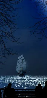 Sailboat under a serene, moonlit night sky.