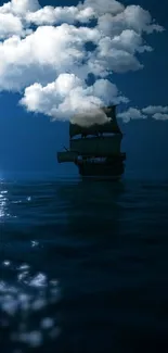 Sailing ship under moonlit night sky with clouds over a dark sea.