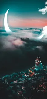 Woman gazes at moonlit clouds over a rocky hill.