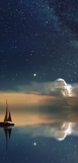 Sailboat under a tranquil, starry night sky reflecting on calm waters.