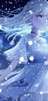 Anime girl under a serene starry night sky with luminescent blue tones.