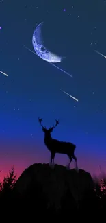 Silhouetted deer under a starry sky with a crescent moon and shooting stars.