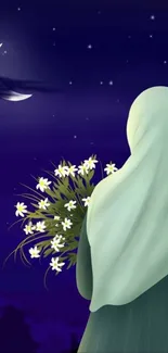 A serene figure holds flowers under a starry night sky with a crescent moon.