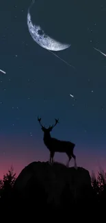Deer silhouette with stars and crescent moon in night sky.