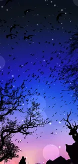 Silhouetted deer and trees under a starry night sky with birds in flight.