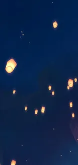 Floating lanterns in a dark blue night sky.