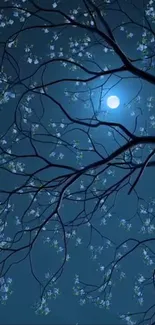 A full moon shining through tree branches at night.