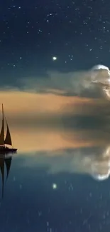 Sailboat beneath a starry night sky reflected on tranquil water.