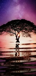 Silhouette tree reflecting in purple sky.