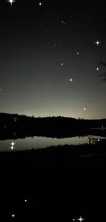 Starry night sky reflecting on a calm lake with serene night landscape.