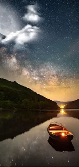 Tranquil lake with moonlit starry sky reflected in water, featuring a floating boat.