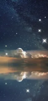 Sailboat on reflective water with starry night sky backdrop.