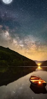 A tranquil boat under a starry night sky reflected on a calm lake.