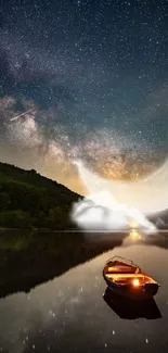 Starlit sky reflected on calm water with a boat and crescent moon.