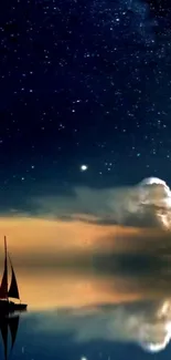 Night sky with stars and boat reflection on calm water.