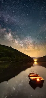 Reflective calm waters under a starry night sky with a glowing boat.