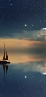 Sailboat under starry night sky reflected on calm waters.