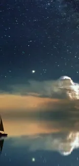 Sailboat on calm lake under starry night sky reflecting clouds and stars.