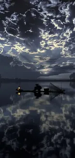 Night sky reflecting over a tranquil lake.