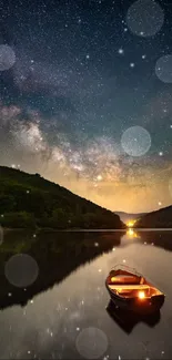 A serene night sky with stars reflected in a lake and a lit boat.