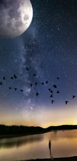 Stars and moon over a lake with birds in silhouette.